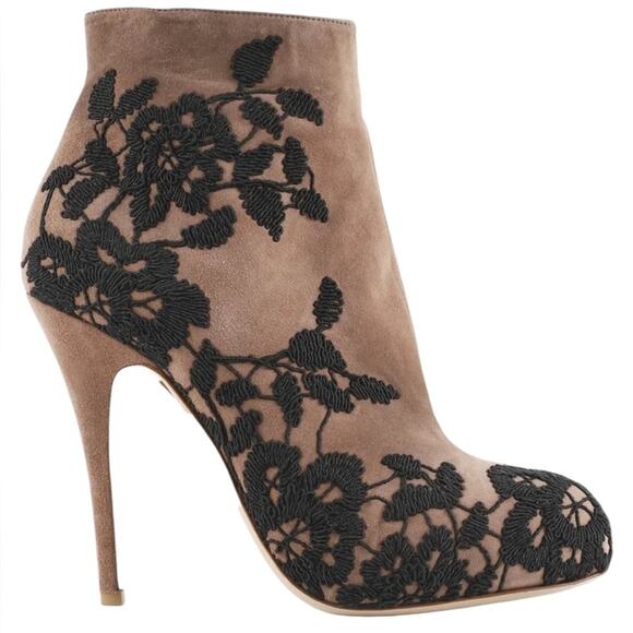 Valentino Garavani Taupe Suede Lace Embroidered Ankle Boots EU 40.5 US 10.5 - Picture 3 of 9